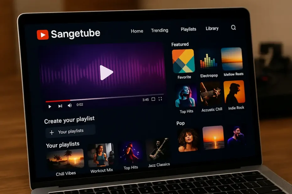 Sangetube music streaming platform interface showing playlists and video features.