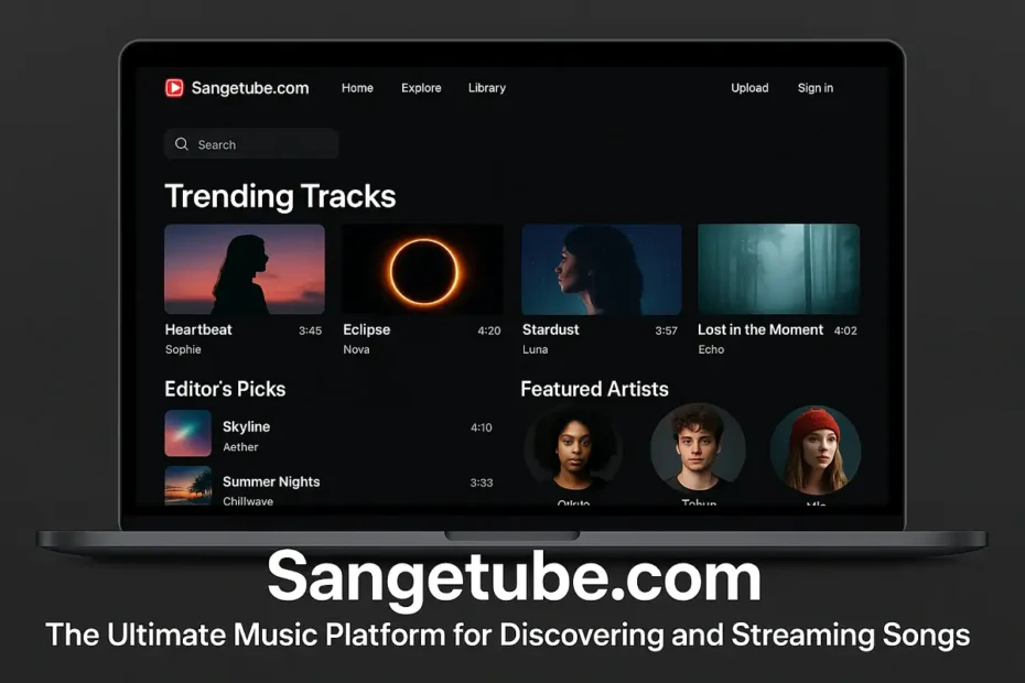 Modern music platform interface – Sangetube.com homepage preview.